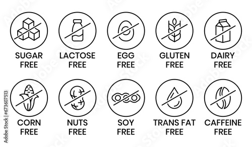 Set allergen free icons. Allergen free products. Products warning symbols. Lactose free, gluten free, sugar free, corn free, egg free, trans fat free, soy free, nuts free, coffeine free sign. photo