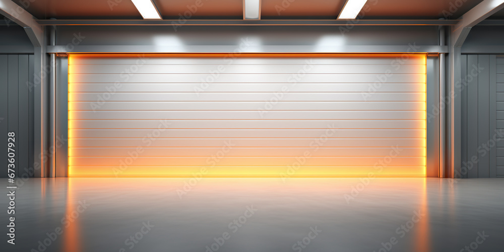 Roller door, roller shutter or shutter door and concrete floor in industrial building i.e. factory, warehouse, shop, garage or store. Include lighting at night. Nobody and empty space for background. Roller door, roller shutter or shutter door and concrete floor in industrial building i.e. factory, warehouse, shop, garage or store. Include lighting at night. Nobody and empty space for background.