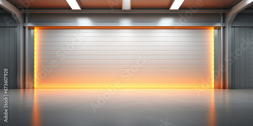 Roller door, roller shutter or shutter door and concrete floor in industrial building i.e. factory, warehouse, shop, garage or store. Include lighting at night. Nobody and empty space for background. photo