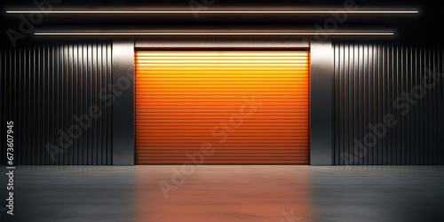 Roller door, roller shutter or shutter door and concrete floor in industrial building i.e. factory, warehouse, shop, garage or store. Include lighting at night. Nobody and empty space for background.