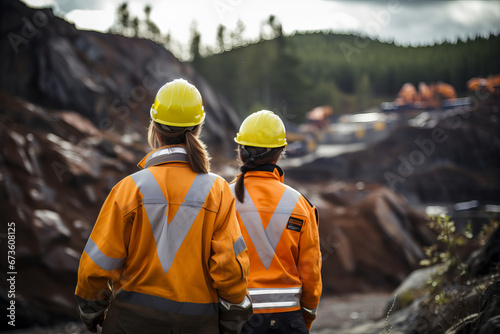 two people wearing safety jackets in the mining field. mining field. For may day and presentation background