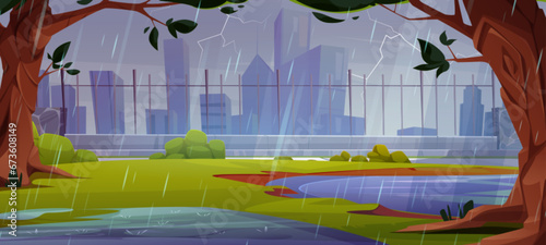 Rain in city park with fence and lake cartoon background scene. Summer public street garden near building in town in rainy weather with lightning. Thunderstorm in outdoor urban environment design