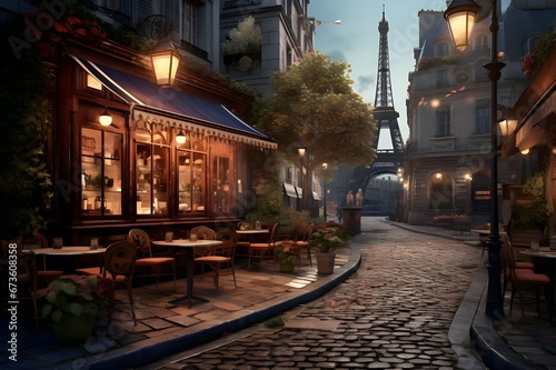 A vintage cafe with charming cobblestone streets in Paris.
