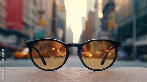 a pair of sunglasses on a sidewalk photo