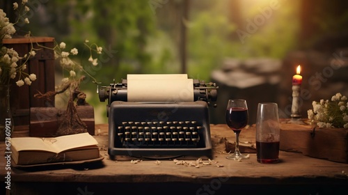 a typewriter and a glass of wine on a table