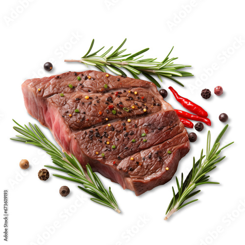 Grilled spiced beef steak with peppercorns on white background, png