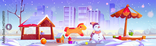 Winter playground for children in city park. Vector cartoon illustration of snowy public garden with snowman, rocking horse, wooden hut, sandbox under parasol, toys on ground, cityscape on horizon