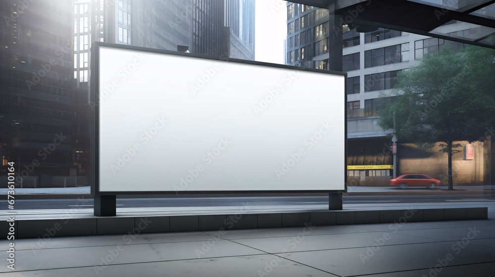 a large white billboard in front of a building a large white billboard in front of a building