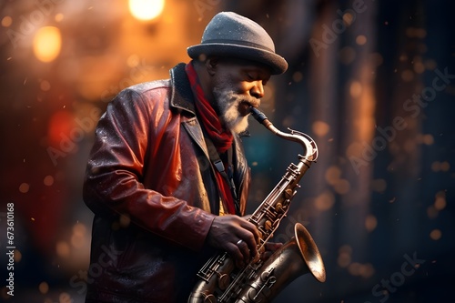 A charismatic street musician playing a soulful tune on a saxophone. 