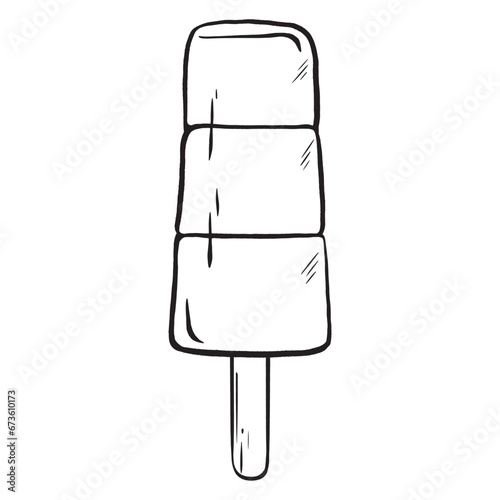 vector artwork featuring a three-colored ice cream popsicle on a rustic wooden stick. This fruity delight is cherished by children and serves as a summer treat  perfect the essence of carefree moments