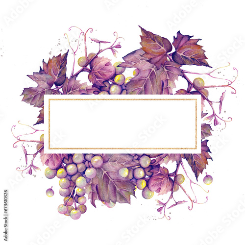 Rectangular gold frame with bunches of purple grapes drawn in watercolor  with space for text