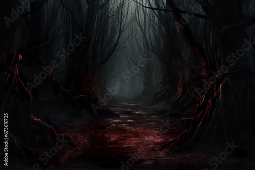 Misty forest in the evening. Spooky, Halloween concept. © erika8213