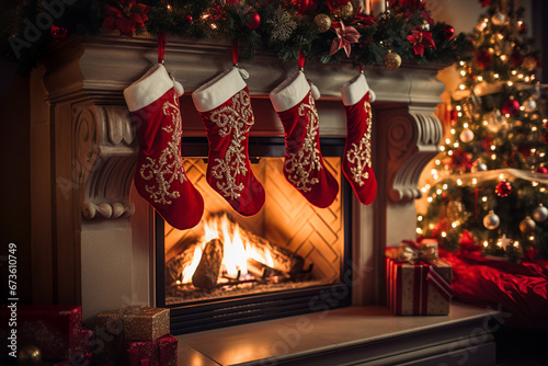Red christmas sock on fireplace mantle. Christmas and holiday concept.