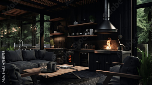 a black wooden living room