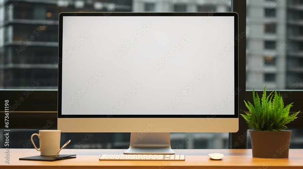 a computer screen with a plant and a cup on a table a computer screen with a plant and a cup on a table