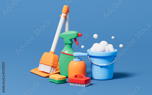 Cartoon detergent and pail, do housework, 3d rendering. photo