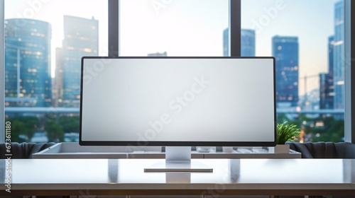 a computer monitor on a desk