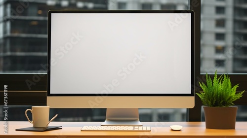 a computer screen with a plant and a cup on a table photo