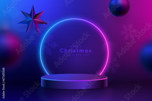 Realistic cylinder podium with illuminate glowing circles neon lamp. Christmas time. Handing 3d balls and star reflective neon light. Mockup product display.