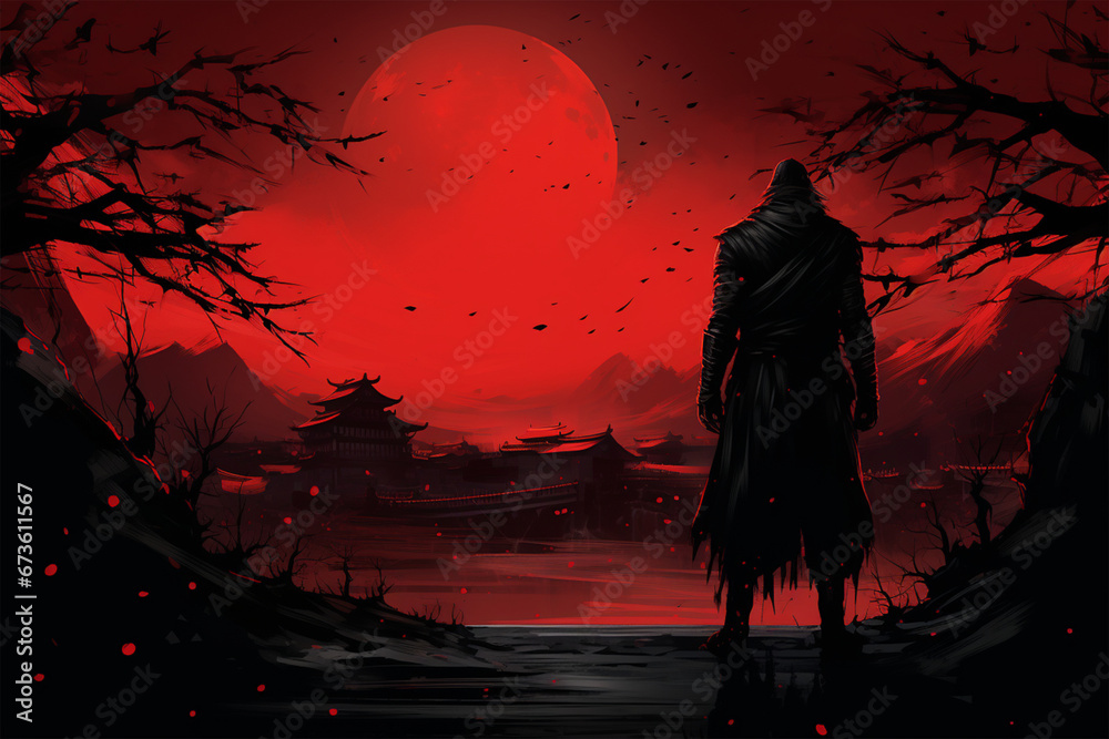 Japanese fantasy illustration with a ninja background