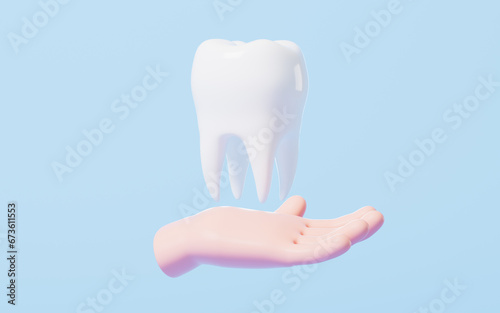 Tooth model on the hand, 3d rendering.