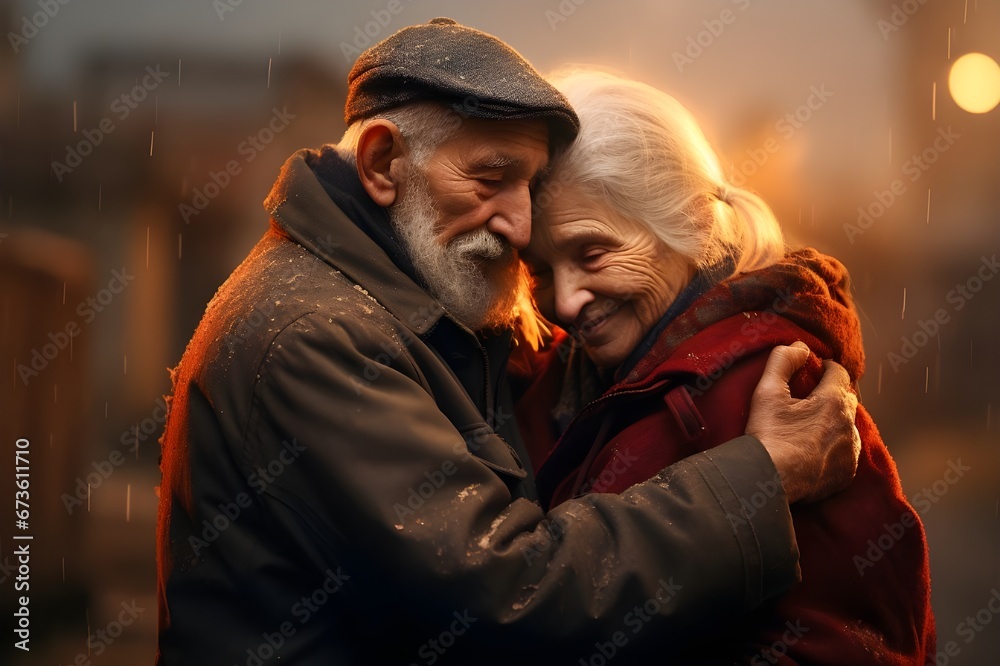 A heartwarming embrace between an elderly couple.
