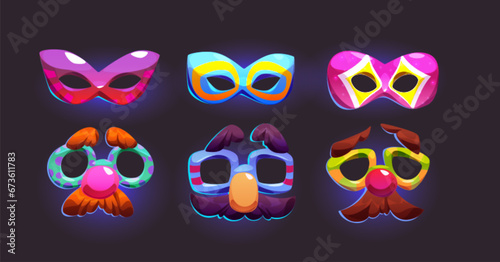Cartoon carnival masks for masquerade or costume festival. Vector illustration set of traditional theater and Mardi Gras or Halloween entertainment face disguise dress elements with decorations.