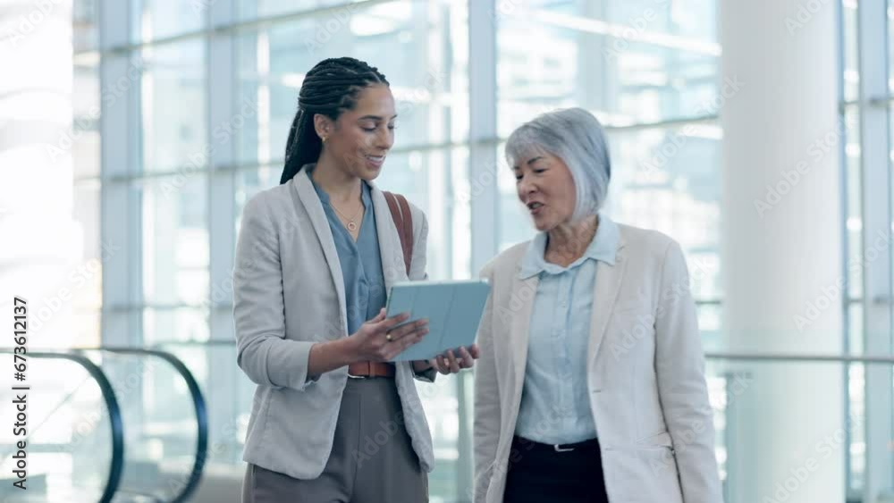 Business people, tablet and travel schedule for women walking in an airport checking schedule. Meeting, brief and female team online for airplane information, compliance or reading flight details Business people, tablet and travel schedule for women walking in an airport checking schedule. Meeting, brief and female team online for airplane information, compliance or reading flight details