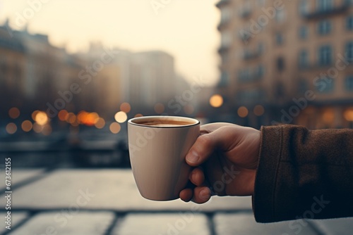 Un hombre sujerando una taza de café cn la mano. Aire libre. Ciudad photo