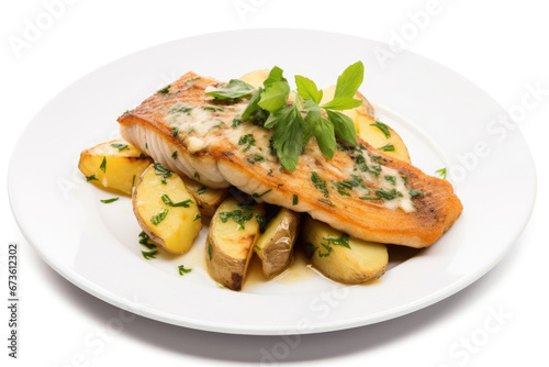 Grilled trout with potatoes isolated on white background