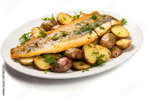 Grilled trout with potatoes isolated on white background