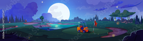 Night golf course field landscape cartoon vector illustration. Flag, ball and car on green grass yard in sport club. Beautiful blue sky with stars and shining full moon. Nature and ground for game