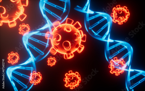 DNA and virus, biomedical concept, 3d rendering.