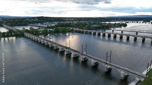 Wallpaper Mural Stone arch bridges over Susquehanna River in Harrisburg, Pennsylvania. High aerial shot at sunset. View of City Island. Torontodigital.ca