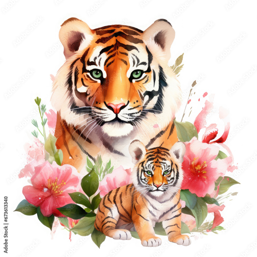Cute mother tiger with baby with flowers Illustration, Generative Ai Cute mother tiger with baby with flowers Illustration, Generative Ai
