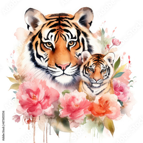 Cute mother tiger with baby with flowers Illustration  Generative Ai