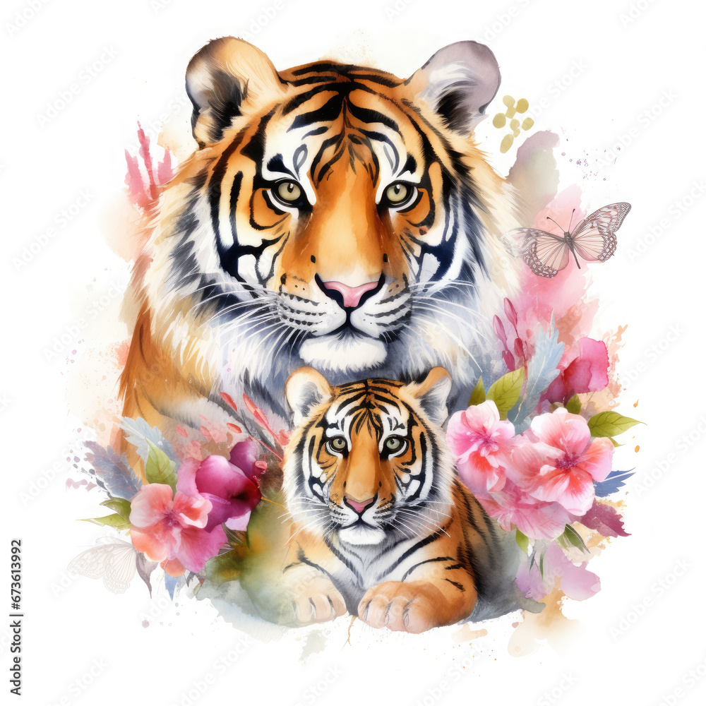 Cute mother tiger with baby with flowers Illustration, Generative Ai Cute mother tiger with baby with flowers Illustration, Generative Ai