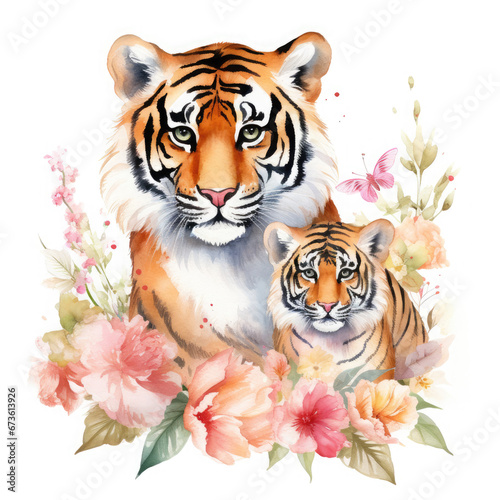 Cute mother tiger with baby with flowers Illustration  Generative Ai