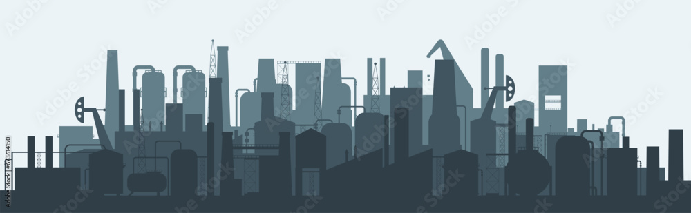 Factory silhouettes landscape. Manufactures, oil and gas extraction and storages. Industrial buildings, modern manufacturing complex decent vector panorama