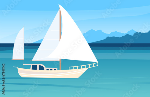 White yacht in blue sea and mountain, nature travel landscape. Ocean adventures, flat ship or boat in water. Rest and transportation, flat decent vector background