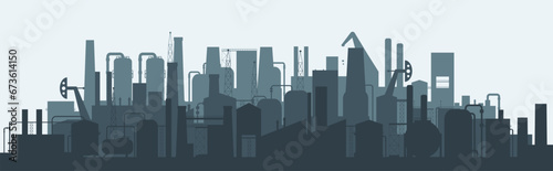 Factory silhouettes landscape. Manufactures, oil and gas extraction and storages. Industrial buildings, modern manufacturing complex decent vector panorama photo