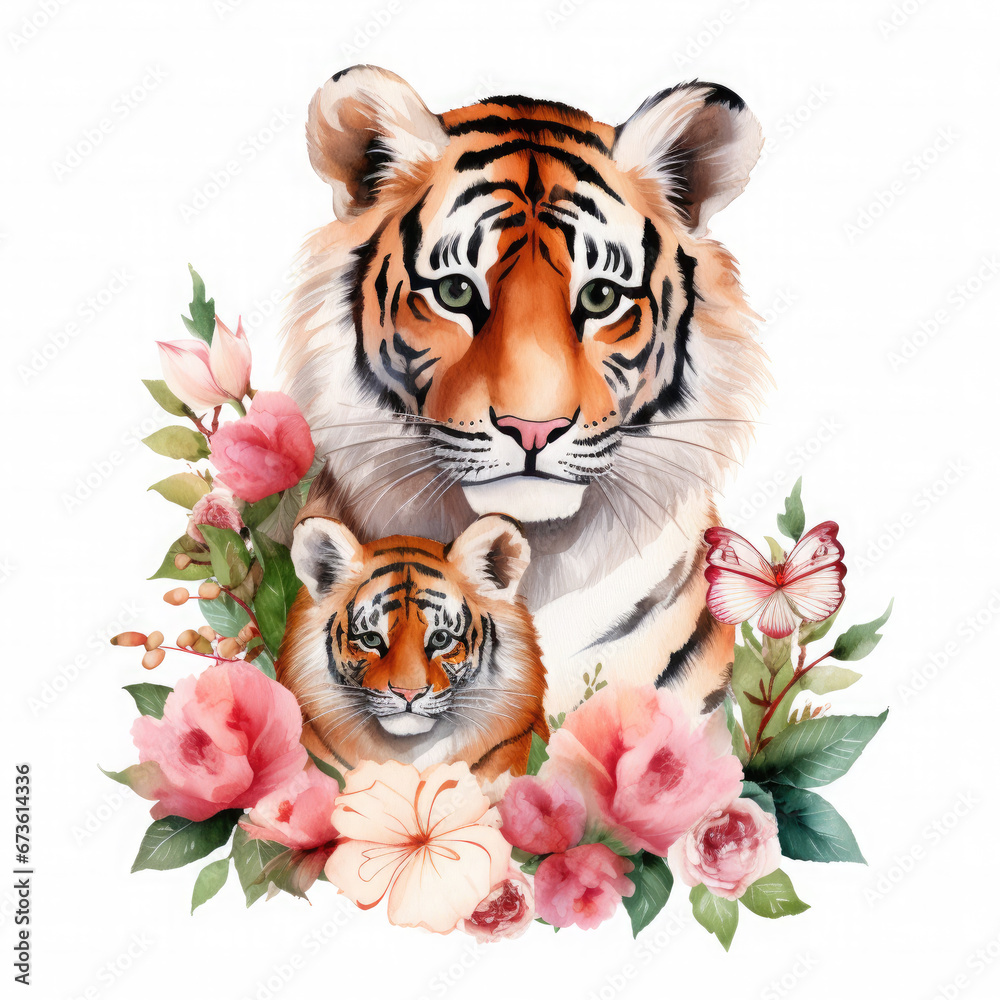 Cute mother tiger with baby with flowers Illustration, Generative Ai