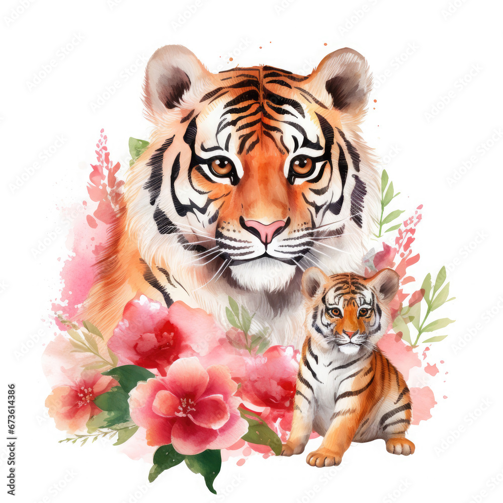 Cute mother tiger with baby with flowers Illustration, Generative Ai Cute mother tiger with baby with flowers Illustration, Generative Ai