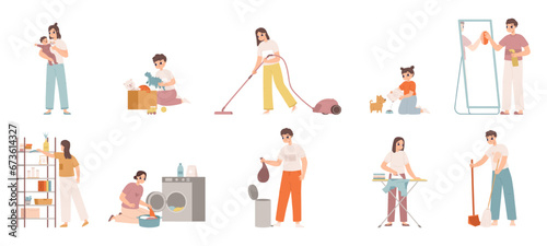 Cute housewives character. Young woman cleaning house, girl doing housework. Isolated cartoon housekeeper and nanny, cooking and clean snugly vector set