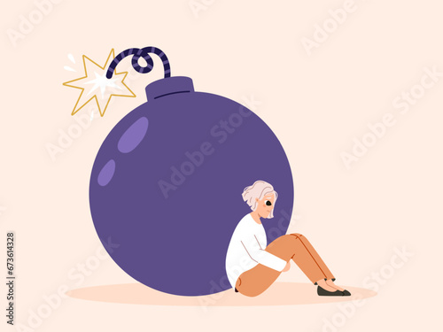 Burn out and tired teenager. Young adult character sitting near bomb and waiting explosion. Fault emotions, exhausted student snugly vector concept