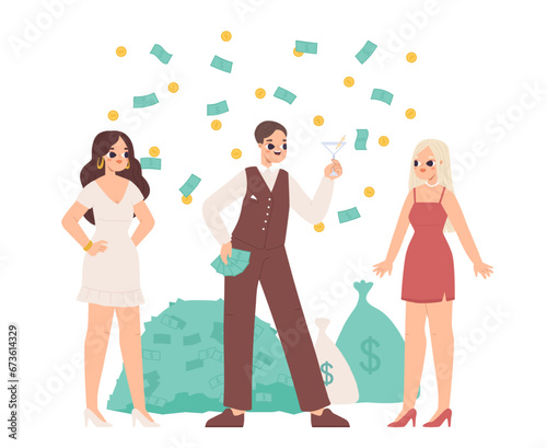 Rich boy with money and drink. Ladies flirting with playboy, young girls want finance. Successful investor character, elegance female, snugly vector scene
