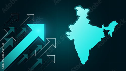 
Indian Economy and GDP Growth Rising. India map with Rising Upward Graph arrows. 