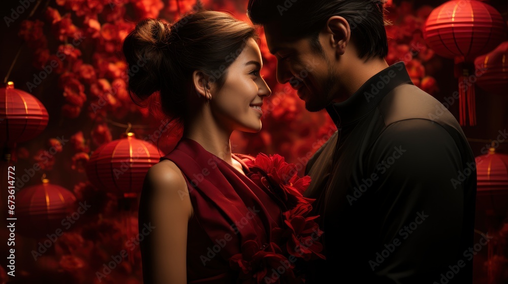 Beautiful Chinese Couple Holding Red Lanterns Red, Happy New Year Background ,Hd Background