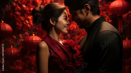 Beautiful Chinese Couple Holding Red Lanterns Red, Happy New Year Background ,Hd Background
