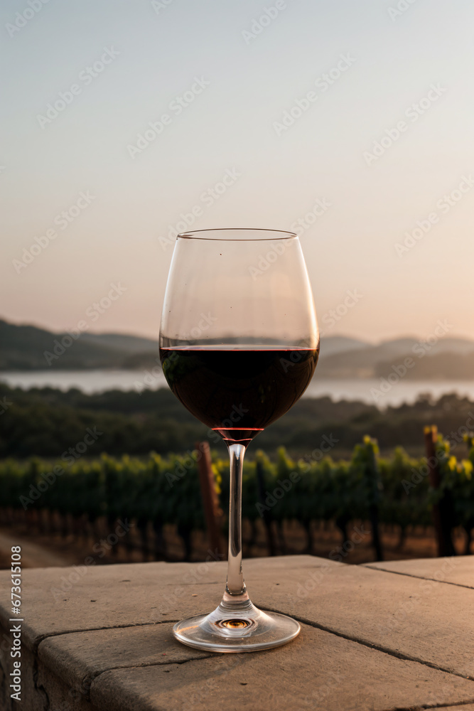 glass of red wine on the terrace with nature